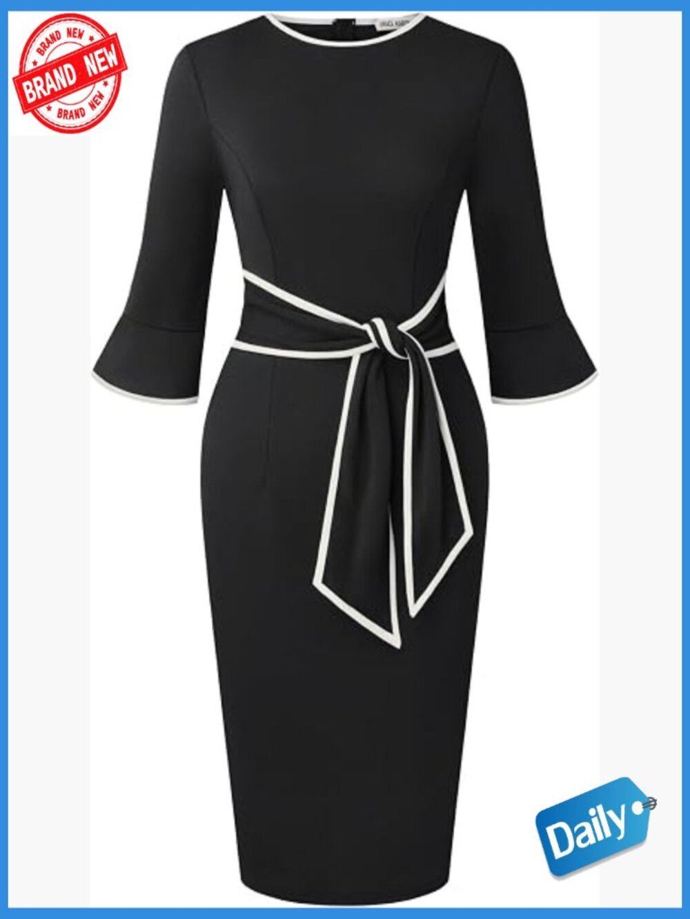Bodycon Pencil Work Dress with 3/4 Sleeves and Belt